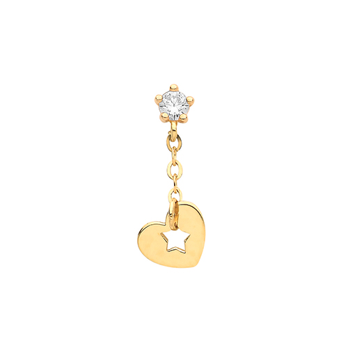 9ct Gold CZ Heart Chain Dangling Cartilage Stud